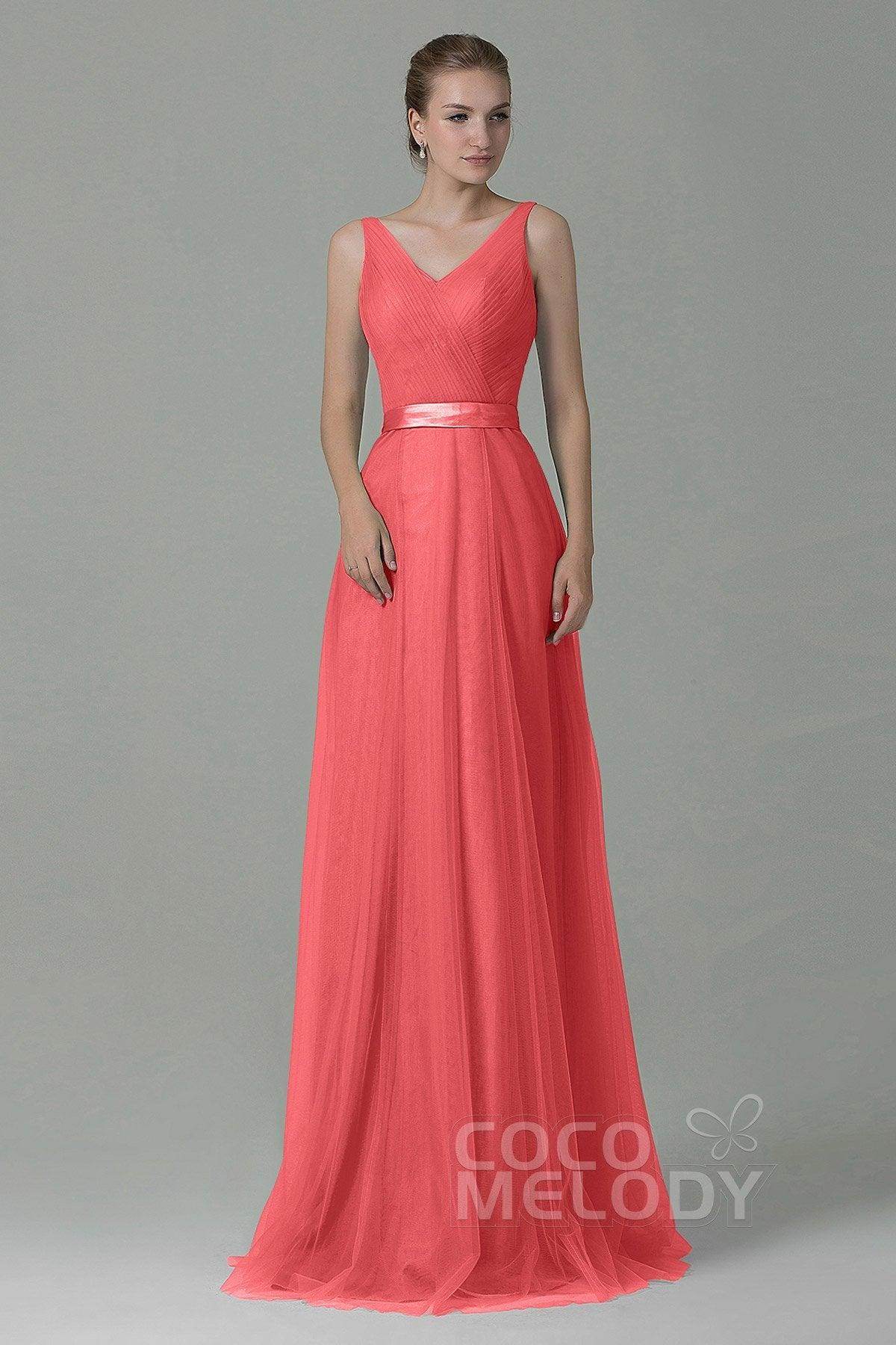 Sheath-Column Floor Length Tulle Bridesmaid Dress COZF1500F - COCOMELODY